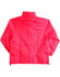A bright red outdoor activity spray jacket with a high collar, featuring a logo on the back.