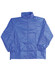 A blue kids' outdoor activity spray jacket with a zip front and elastic cuffs, featuring a logo on the chest.