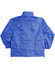 A blue kids' outdoor activity spray jacket with a back view, featuring a collar and elastic cuffs.