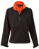 A black softshell jacket with orange contrast features, including a high collar and zippered pockets. It has a logo.