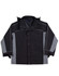 A black and grey men's 3-in-1 jacket featuring a detachable inner layer and a logo.