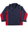 A navy and red 3-in-1 jacket featuring snap buttons and adjustable cuffs, with a logo on the chest.