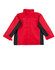 A red and black 3-in-1 jacket featuring a high collar and reflective piping, with a logo on the front.