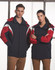 A navy blue tri-colour jacket with red and white accents, featuring a hood and two models wearing it.