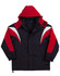 A tri-colour jacket with a hood in black, red, and white, featuring a logo on the chest.