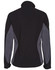 A softshell jacket in black with grey contrast panels, featuring a high collar and a logo on the sleeve.