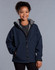 A navy softshell full zip hoodie with a grey interior, featuring a hood and zippered front, worn by a smiling child.