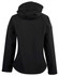 A black ladies' softshell full zip hoodie with a hood, featuring a logo on the back.