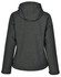 A dark grey ladies' softshell full zip hoodie with a hood and a subtle texture. Features a logo on the back.