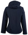 A navy ladies' softshell full zip hoodie with a hood and a logo on the back.