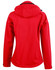 A red softshell full zip hoodie with a hood, featuring a branded logo on the back.