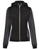 A ladies' black heather sleeve and quilted body jacket with a hood and zippered front pockets.