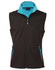 Men's softshell vest in black with aqua contrast detailing and zippers. Features a high collar and two front pockets.