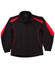 A track jacket in black with red detailing, featuring pockets and a collar, and a logo on the chest.