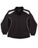 A black track jacket featuring white stripes and a logo, with side pockets and a zip front.