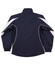 A track jacket in navy blue with white accents, featuring a high collar and elastic cuffs. It has a logo on it.