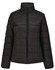 A black insulated puffer jacket with a high collar and a zip front, featuring a logo on the left side.