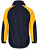 A unisex jacket featuring a navy blue body with vibrant yellow accents, and a logo on the back.