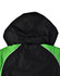 A unisex jacket in black with green accents and a hood, featuring a logo on the back.