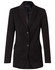 A black mid-length jacket with two buttons and a fitted design. Features pockets and a logo on the label.