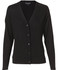 A black women's 100% Merino wool long sleeve cardigan with a v-neck and button closure, featuring a subtle logo.