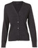 A women's long-sleeve cardigan in dark grey made from 100% merino wool, featuring a button-down front and a V-neck.