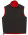 A unisex reversible vest featuring a dark exterior and a bright red interior, with side zip pockets and a high collar.