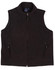 A black fleece vest for men with a zip front, side pockets, and a branding logo on the collar.
