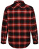 A red and black quilted flannel shirt with a plaid pattern and a logo on the back.