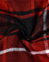 A close-up of red and black plaid flannel fabric with white stripes, showcasing a soft, quilted texture.