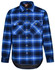 A blue and black checkered flannel shirt featuring two front pockets and a branded logo.