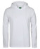 A white long-sleeve hooded tee featuring a front pocket and a hood. It has a logo on the label.