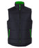 A black puffer vest with green accents and zippered pockets, featuring a high collar and a front zip closure.