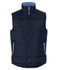A navy puffer vest with light blue zippers and a high collar, featuring a logo on the chest.