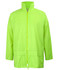 A bright green rain jacket featuring a zip front and a collar, with a logo on one side.