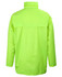 A bright lime green rain jacket featuring a high collar and a back cape design. It has a brand logo.