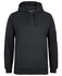 A black hoodie featuring a front pocket and drawstrings on the hood. It has a logo on the label.