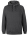 A dark grey hoodie featuring a front pocket and adjustable drawstring hood, with a small logo.