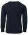 A navy knitted jumper featuring a simple design, with long sleeves and a ribbed hem. It has a logo on the back.