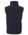 A navy polar vest for kids, featuring a high collar and a sleeveless design. The back view highlights its soft texture.