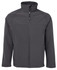 A soft shell jacket in dark grey with a zip front and two side pockets. It features a logo on the chest.