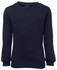 A navy blue jumper with long sleeves and a ribbed neckline. It features a plain design and has a logo.