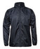 A black rain jacket with a zip front and a stand-up collar, featuring a logo.