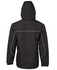 A black rain jacket featuring a hood, with reflective detailing and a simple design. It has a logo on the back.