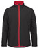 A soft shell jacket in black with a red zip and inner lining, featuring side pockets and a zip-up design.