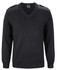 A black knitted jumper featuring a V-neck and epaulettes on the shoulders. It includes a logo on the label.