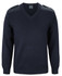 A navy knitted jumper with a V-neck and epaulettes on the shoulders. It features long sleeves and a textured knit.