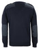 A navy knitted jumper featuring dark shoulder patches and elbow details, complemented by a small logo.