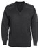 A dark grey knitted jumper with a V-neck, featuring shoulder epaulettes and a sleeve pocket. It has a logo.