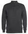 A grey knitted half-zip jumper featuring long sleeves and a high collar. It has a branding logo on it.